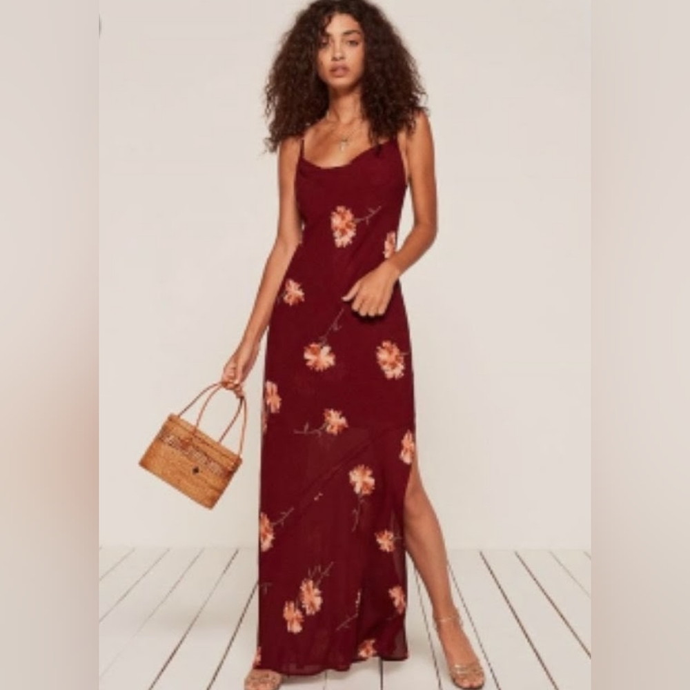 Reformation Burgundy and Peach Flower Maxi Dress with Side Slit - Size XS